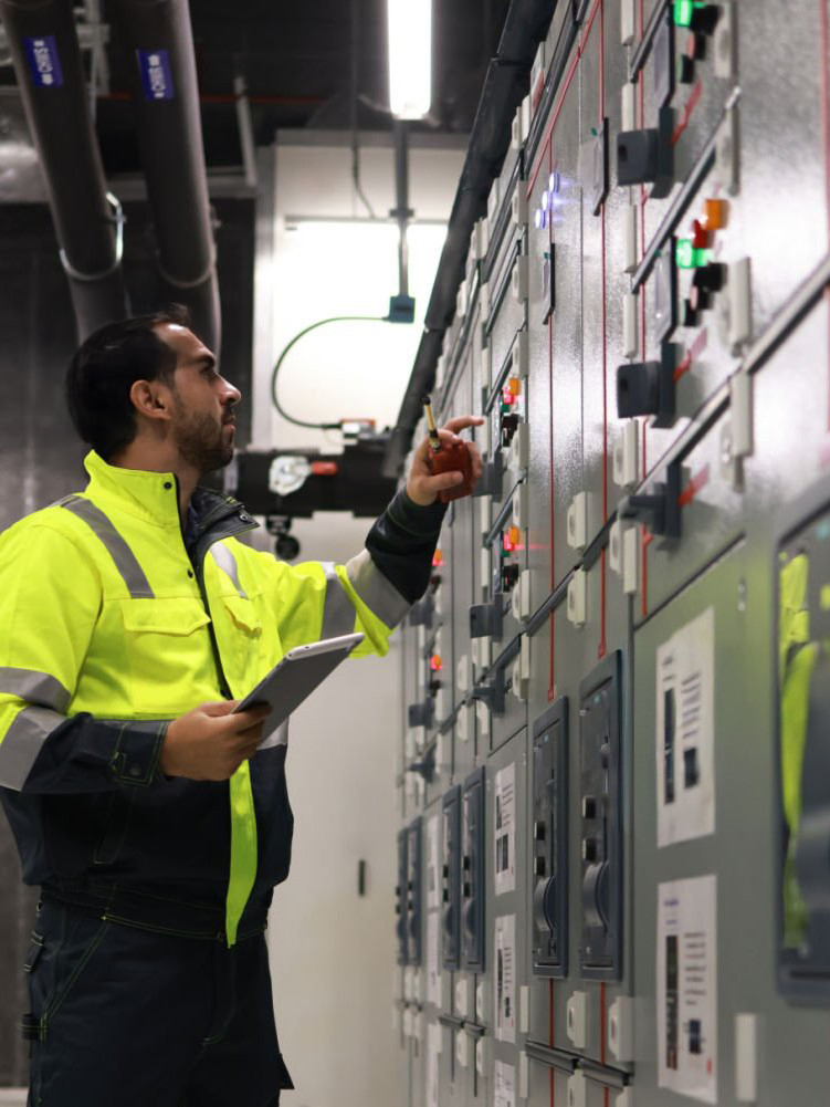 Engineers monitoring HVAC control systems in a plant room